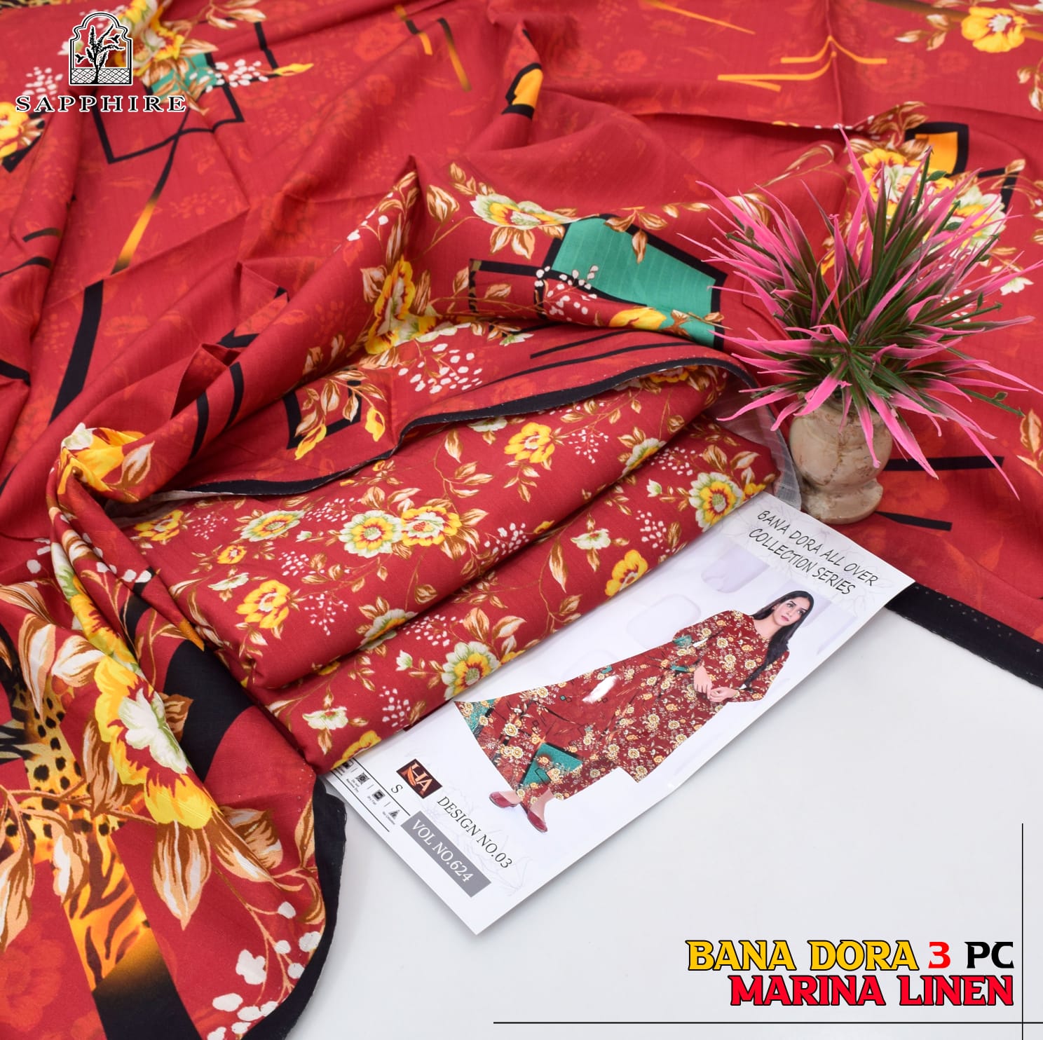 3PC allover printed linen